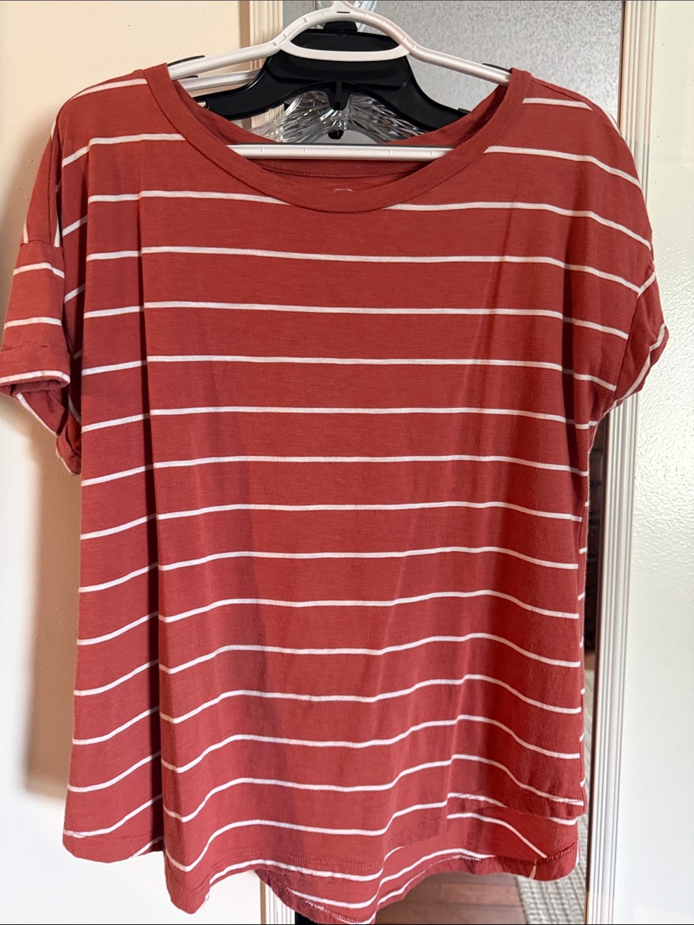 Striped Short-Sleeve Crew Tee in Rust and White